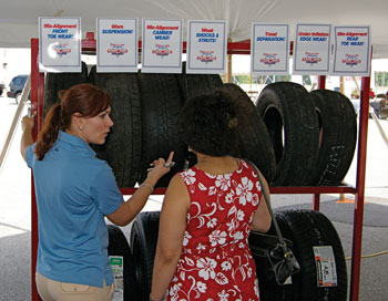 tires will show the condition of the shocks and struts in the wear patterns.