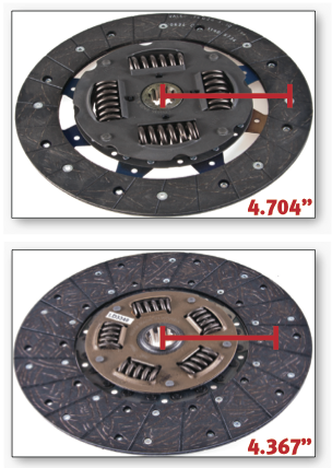 The disc on the top has a thinner band of friction material than the disc on the bottom. This will increase the active radius and torque capacity of a clutch. 