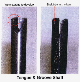 figure 1 - tongue and groove shaft. the shafts on the right are new. the used shafts are representative of ones from an engine ready for its first rebuild.