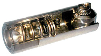 figure 4: this is an eaton corporation lifter used in gm afm engines. note the spring-loaded locking pin in the center of the body to engage and disengage the lifter operation.
