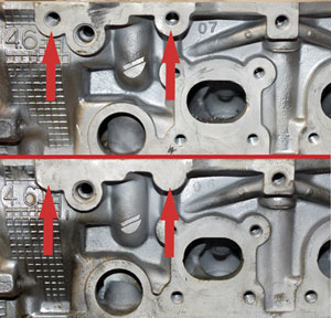 Figure 2: The cylinder head on the top has the bolt holes drilled and tapped for the alternator bracket when used. The head below does not but both have the same casting number. To avoid potential warranty issues drill and tap all heads.