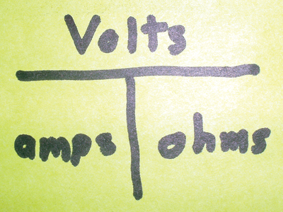 photo 1: to solve for amps, cover the ampere portion with your finger and divide voltage by resistance. a circuit operating at 14.2 volts against a resistance of 2 ohms will, for example, carry 7.1 amperes of current.