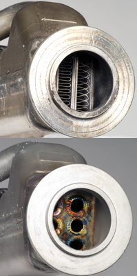 the egr cooler from bullet proof diesel is the one on the left, the factory cooler is on the right. the difference can be seen as to the quality of the aftermarket egr cooler.