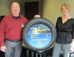 Showing off the new Goodyear Ultra Grip Winter are Anthony Thomas, category planning manager for winter and off-road LT tires, and Brandy Gadd, Goodyear brand manager.