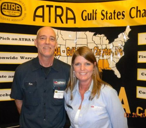 Tim Lane, master technician and shop foreman at Andrews Transmission, and co-owner Delaine Andrews are seen at the Automatic Transmission Rebuilders Association Conference for the Gulf States Chapter in Biloxi, MS.