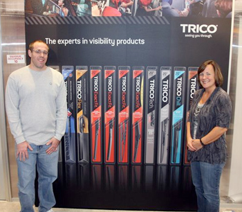 Trico Products hosted the winners of the TRICO EX Factor summer wiper blade promotion at AAPEX 2011 in Las Vegas. The winners are Matt Naimaster from Salvo Auto Parts in Dundalk, MD, (left) and Cindy Riesgraf of Campbell Auto Supply in Portage, MI.