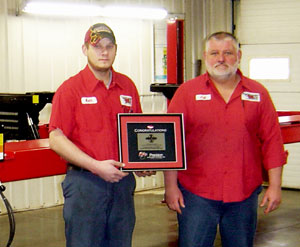 Precision Auto Repair of Mayville, WI, won Rotary Lift's 50,000th SmartLift inground lift as part of a celebration to commemorate the SmartLift’s 15th anniversary. Pictured are Jeff Henning, owner of Precision Auto Repair (right) and Keith Pastorius, service manager, who had the winning entry.